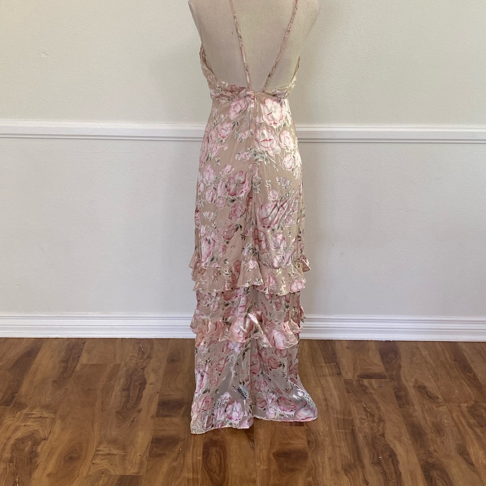 Nude pink Floral maxi dress with split.